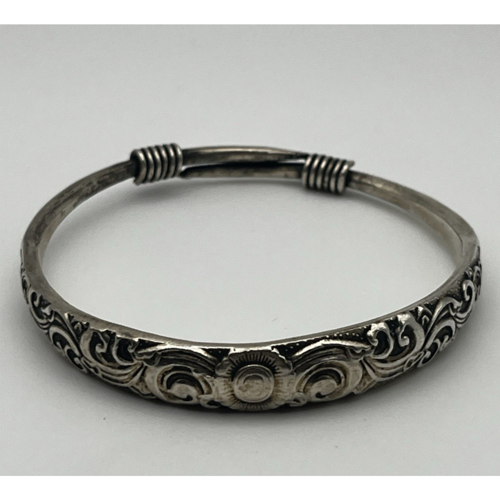 Oxidized Silver Tone Concho Scroll Engraved Bangle Bracelet Boho Western Heavy